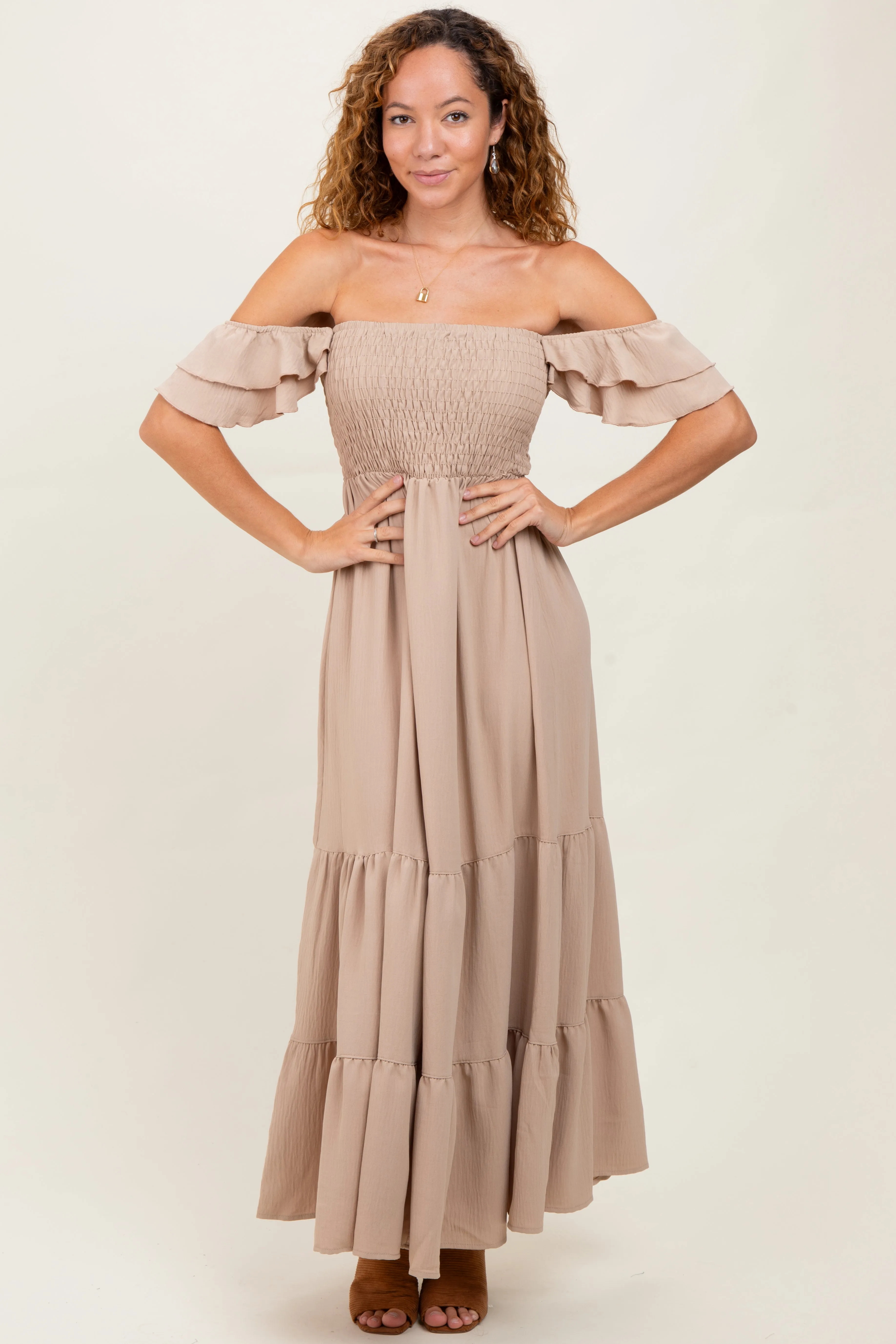 Beige Smocked Ruffle Off Shoulder Tiered Maxi Dress sold by Pinkblush product image thumbnail 2