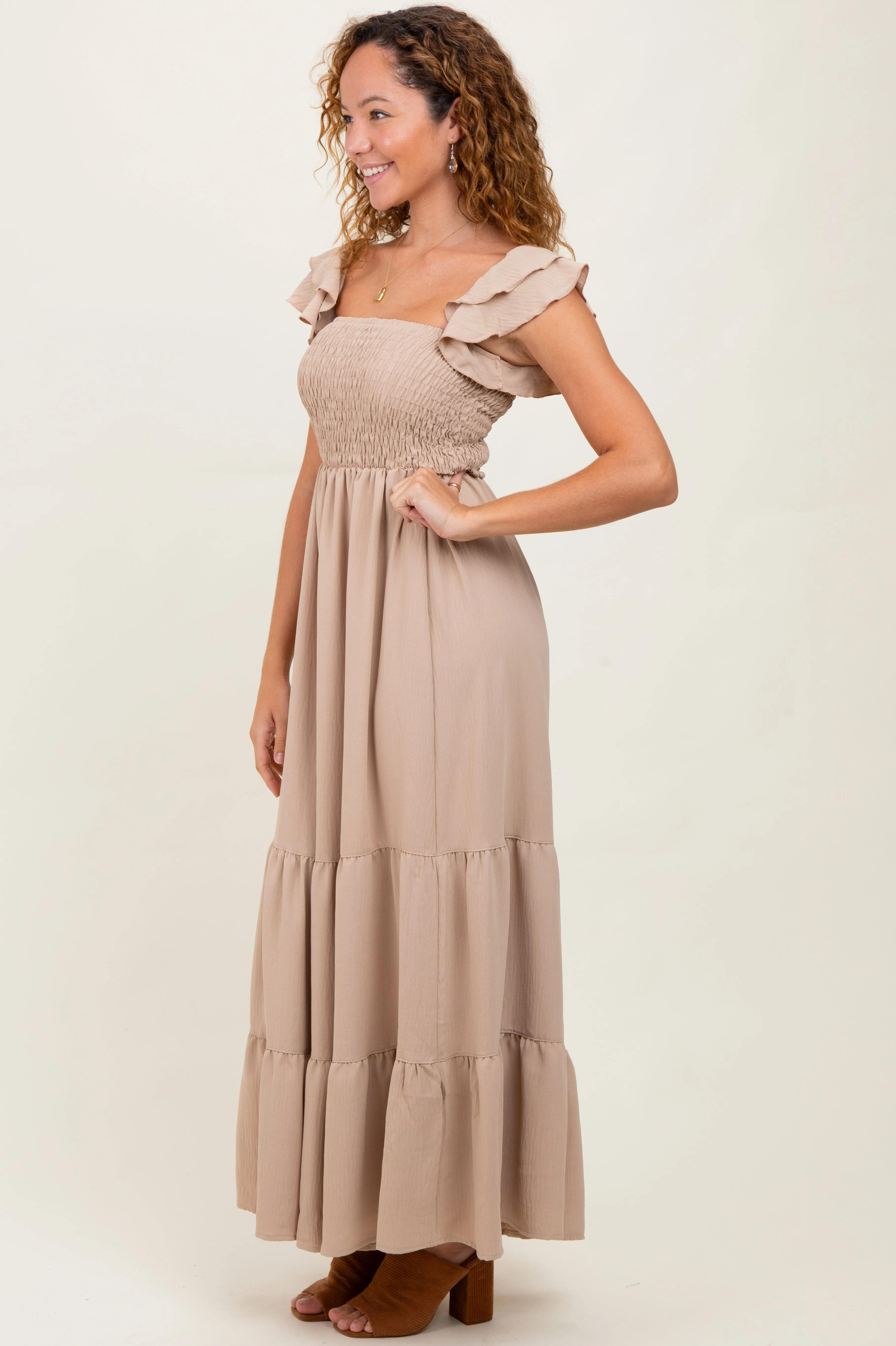 Beige Smocked Ruffle Off Shoulder Tiered Maxi Dress sold by Pinkblush product image thumbnail 3