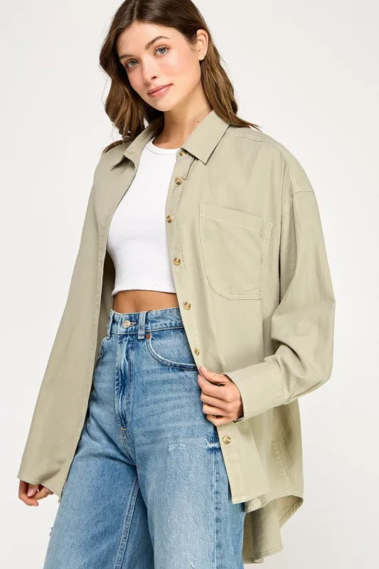 Light Olive Chambray Button Down Top sold by Pinkblush