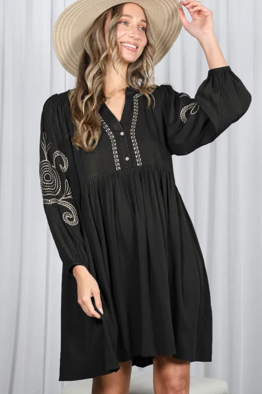 Black Embroidered V-Neck Long Sleeve Dress sold by Pinkblush