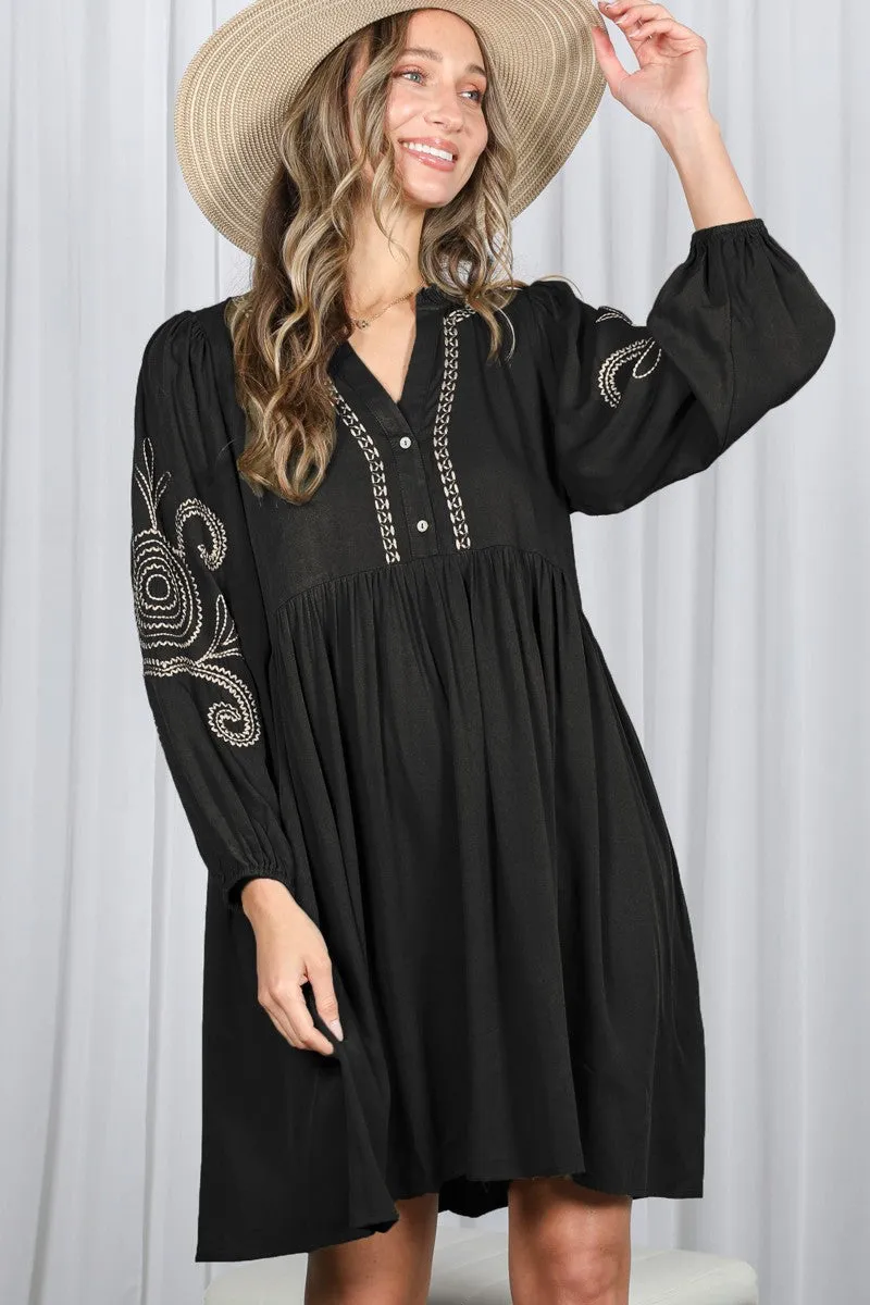 Black Embroidered V-Neck Long Sleeve Dress sold by Pinkblush