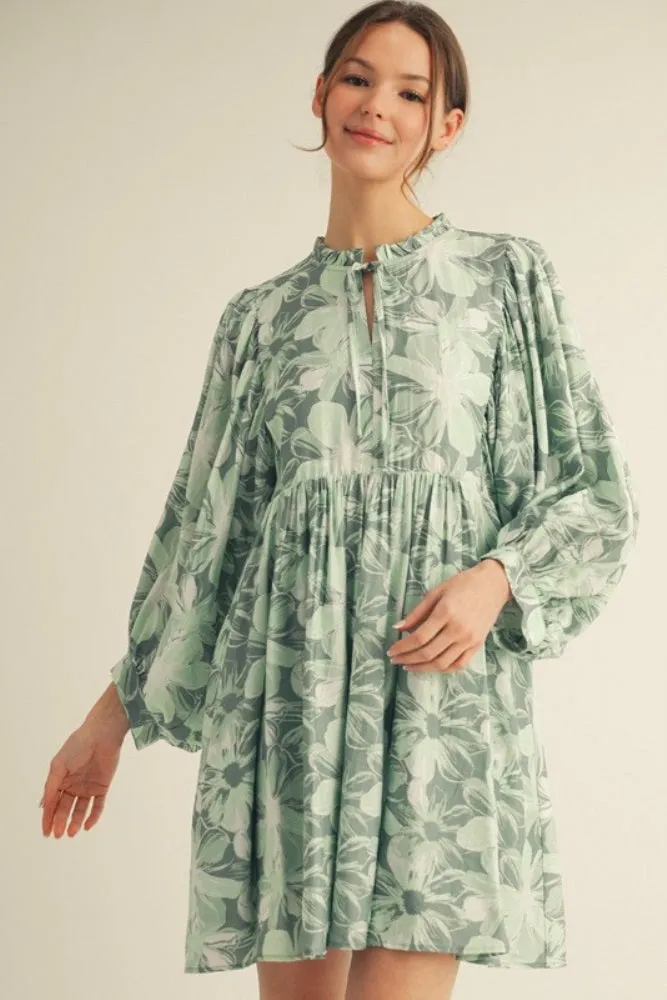 Light Olive Floral Front Tie Bubble Sleeve Mini Dress sold by Pinkblush