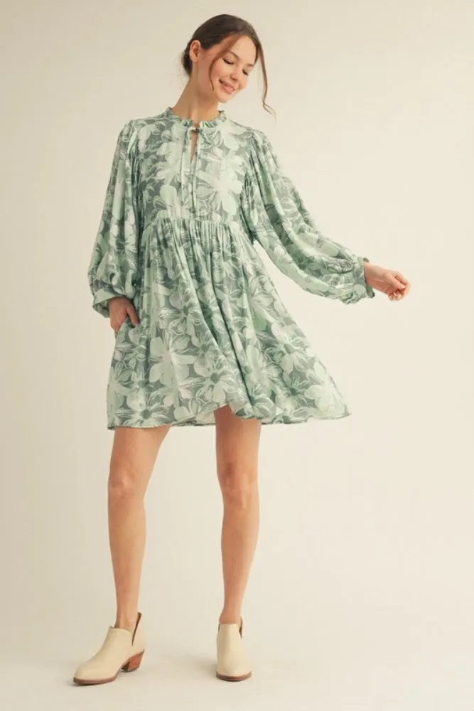 Light Olive Floral Front Tie Bubble Sleeve Mini Dress sold by Pinkblush product image thumbnail 5