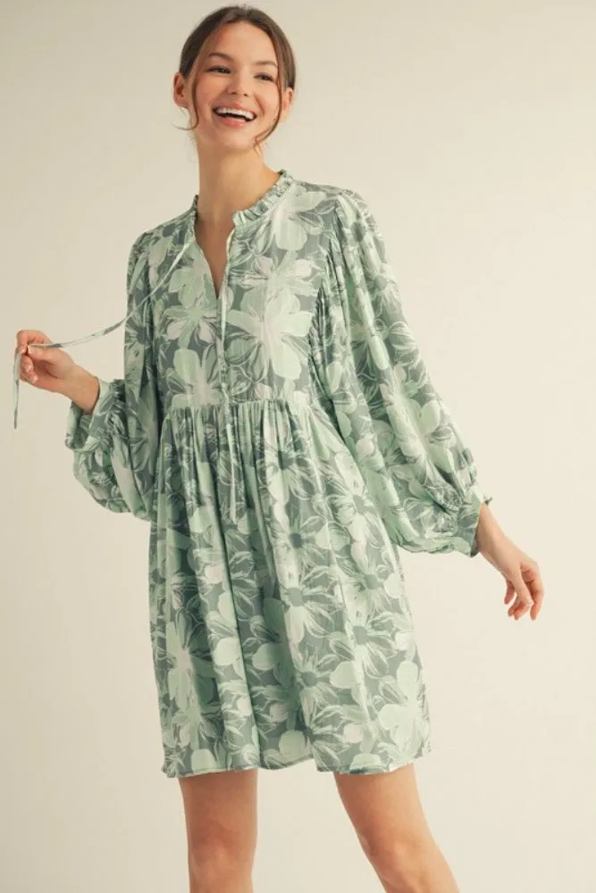 Light Olive Floral Front Tie Bubble Sleeve Mini Dress sold by Pinkblush product image thumbnail 3
