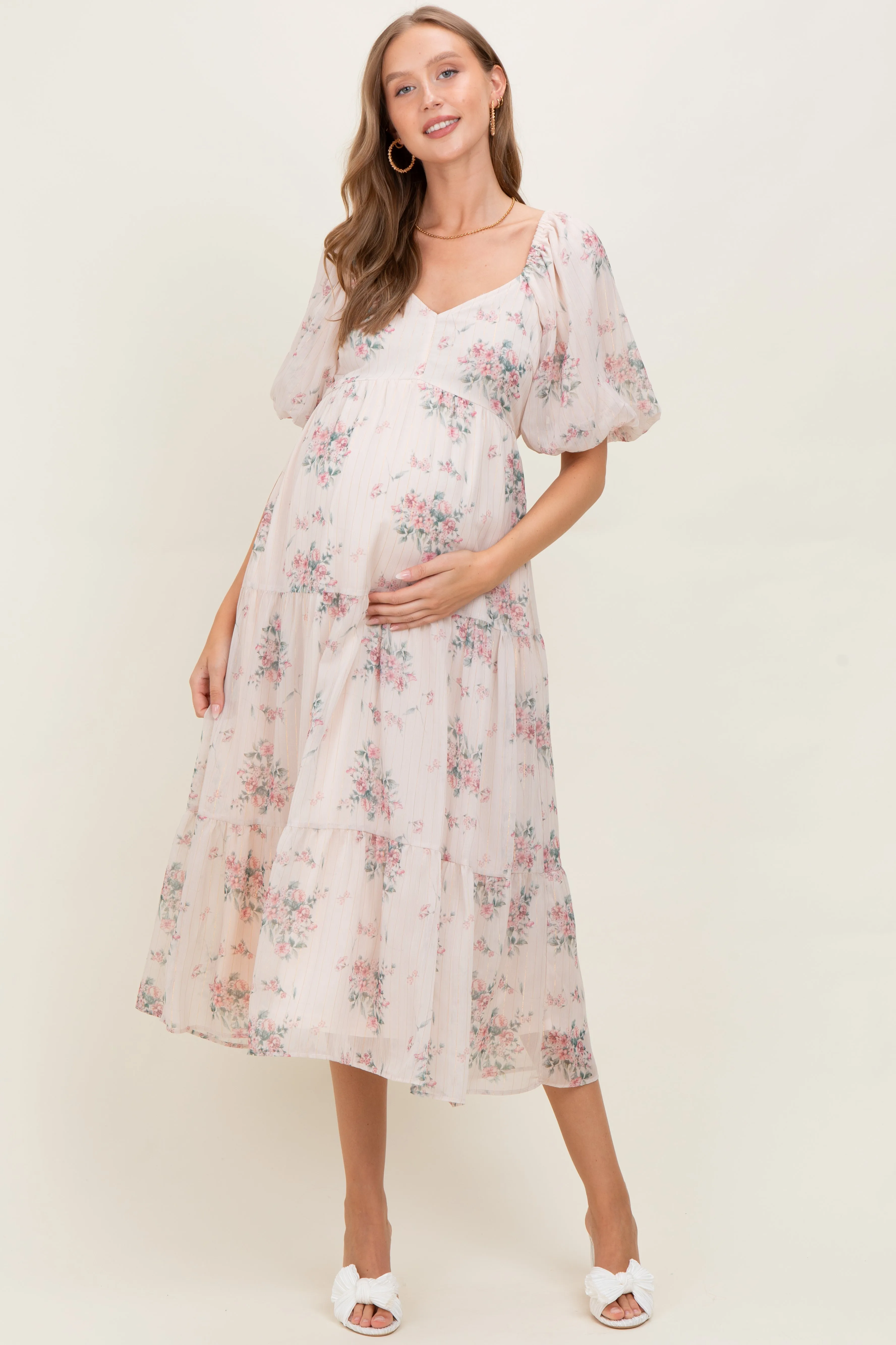 Cream Floral Striped Puff Sleeve Maternity Midi Dress sold by Pinkblush product image thumbnail 2