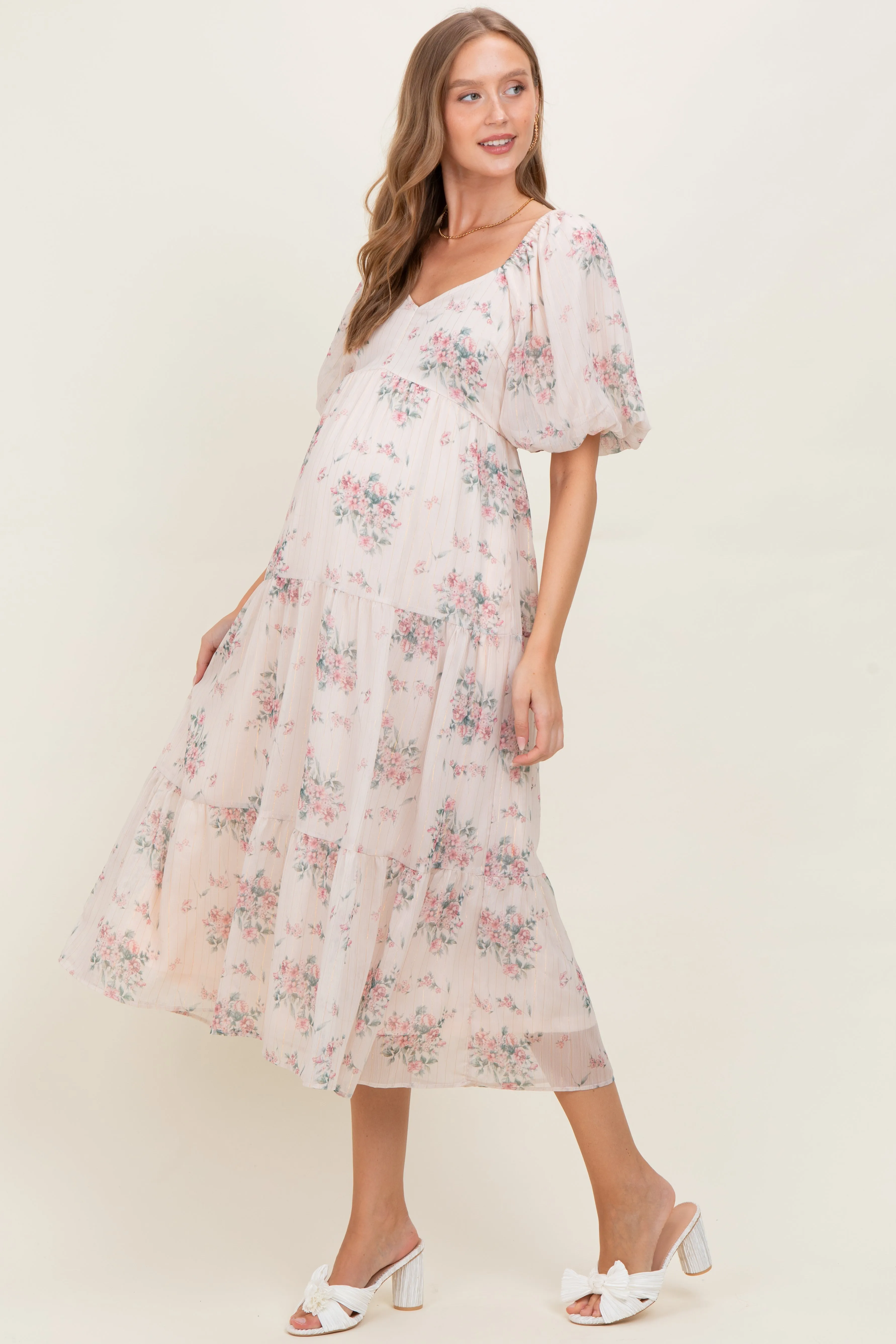 Cream Floral Striped Puff Sleeve Maternity Midi Dress sold by Pinkblush product image thumbnail 3