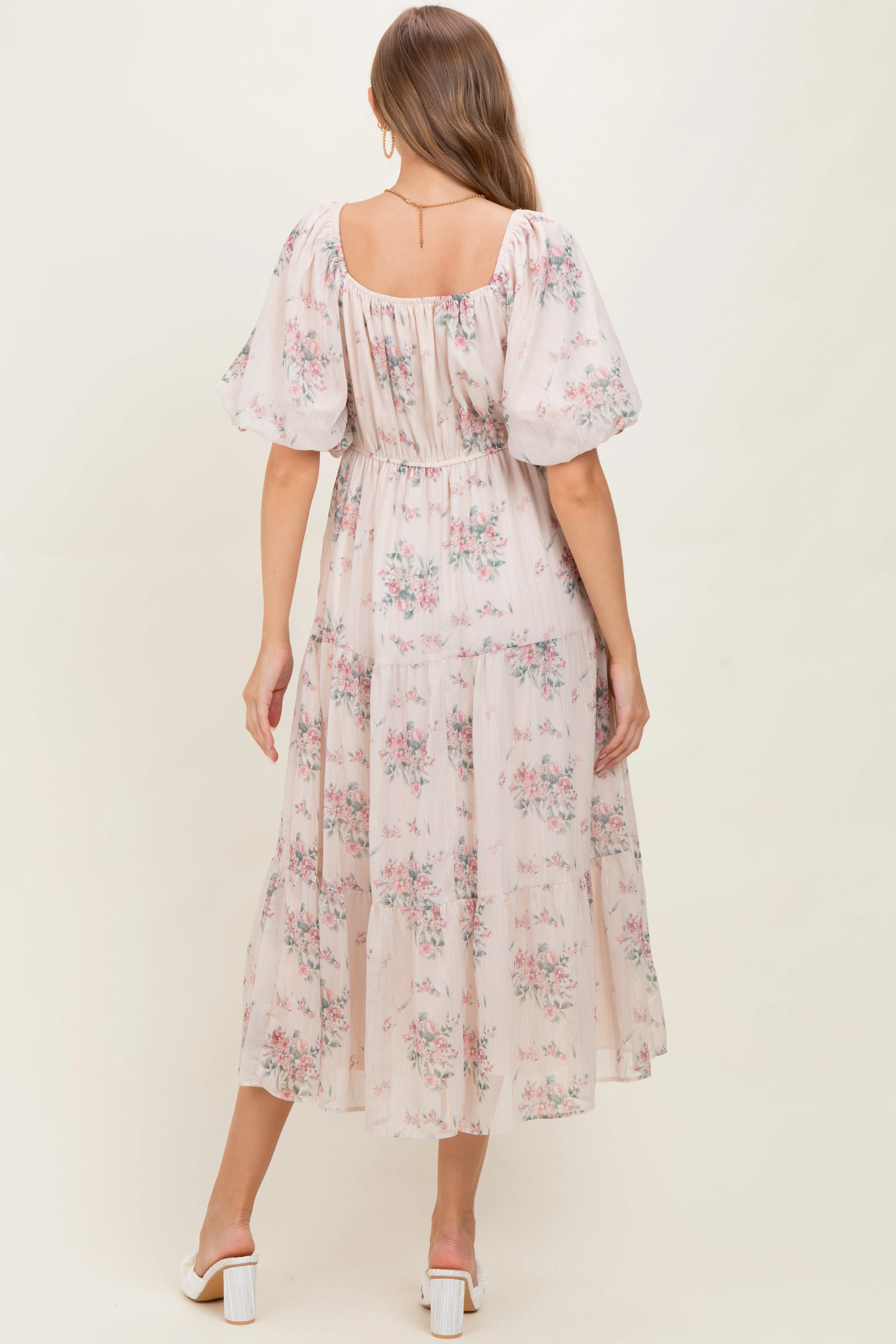 Cream Floral Striped Puff Sleeve Maternity Midi Dress sold by Pinkblush product image thumbnail 4