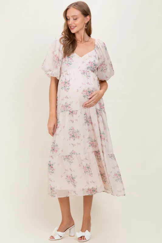 Cream Floral Striped Puff Sleeve Maternity Midi Dress sold by Pinkblush