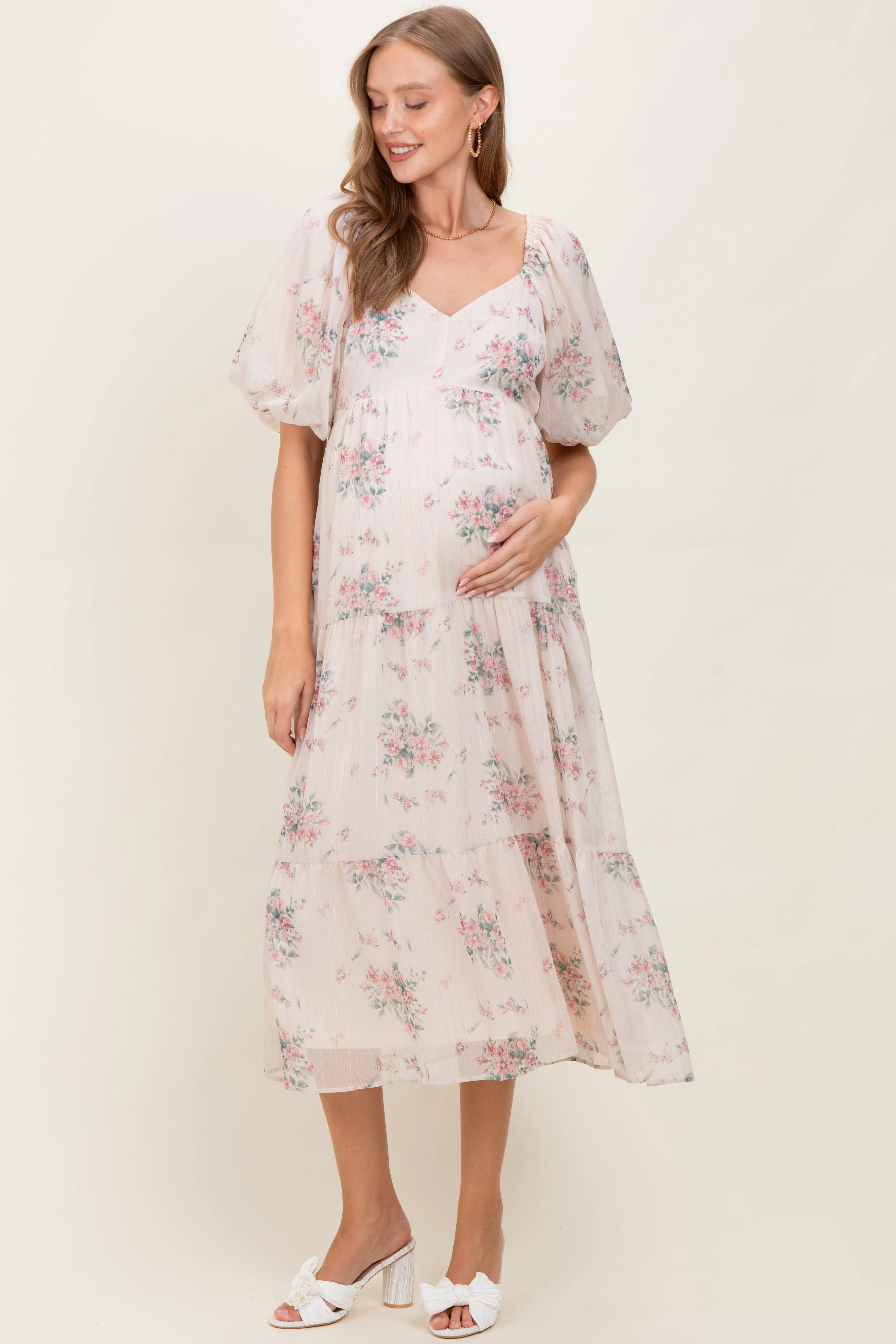 Cream Floral Striped Puff Sleeve Maternity Midi Dress sold by Pinkblush