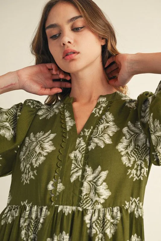 Olive Floral V-Neck 3/4 Sleeve Midi Dress sold by Pinkblush product image thumbnail 3