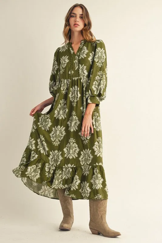 Olive Floral V-Neck 3/4 Sleeve Midi Dress sold by Pinkblush
