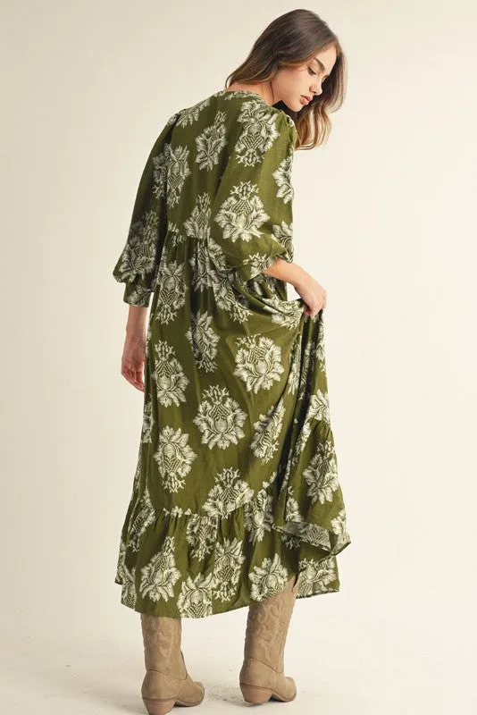 Olive Floral V-Neck 3/4 Sleeve Midi Dress sold by Pinkblush product image thumbnail 2