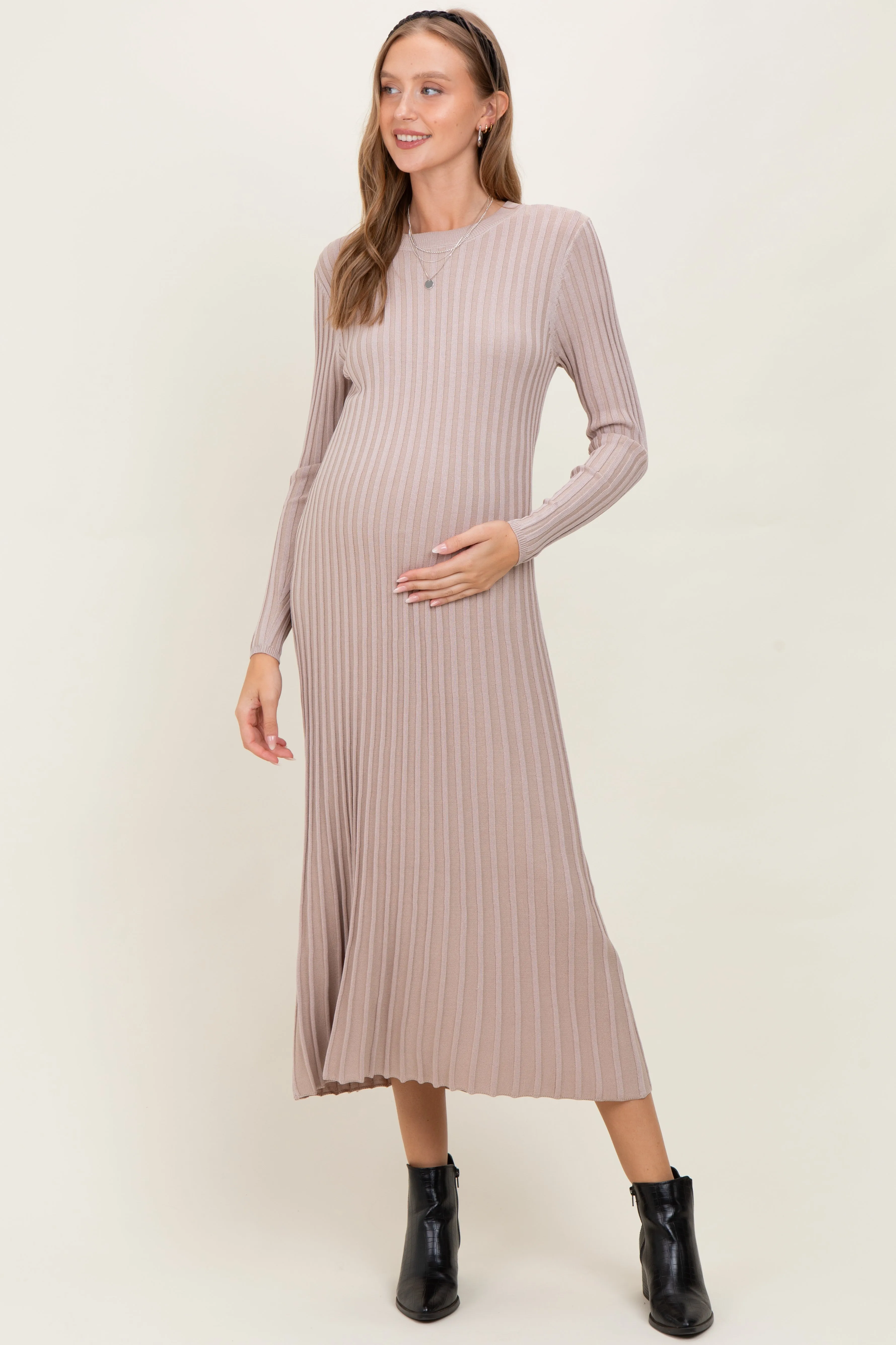 Beige Ribbed Long Sleeve Maternity Sweater Midi Dress sold by Pinkblush