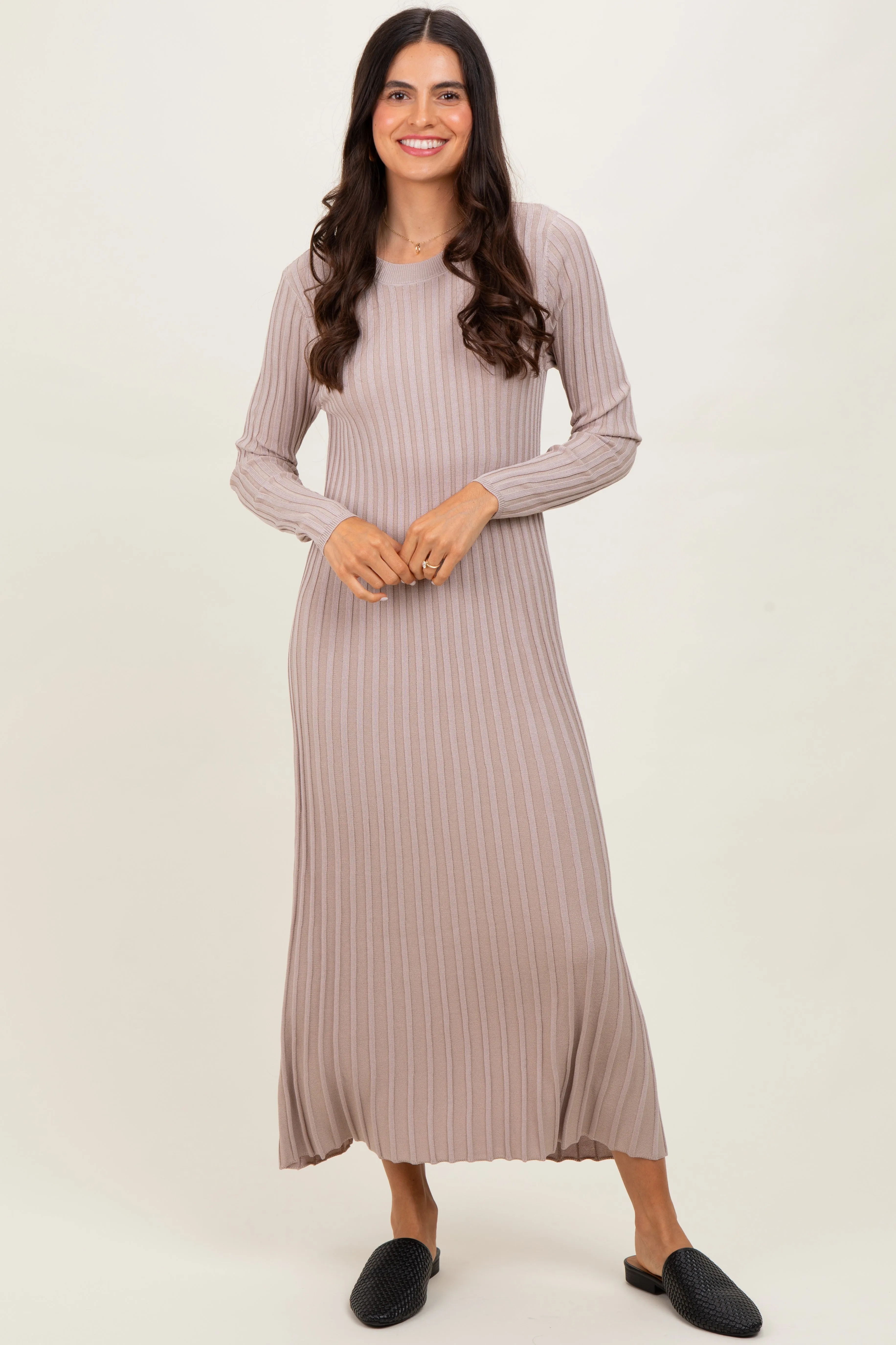 Beige Ribbed Long Sleeve Maternity Sweater Midi Dress sold by Pinkblush product image thumbnail 5