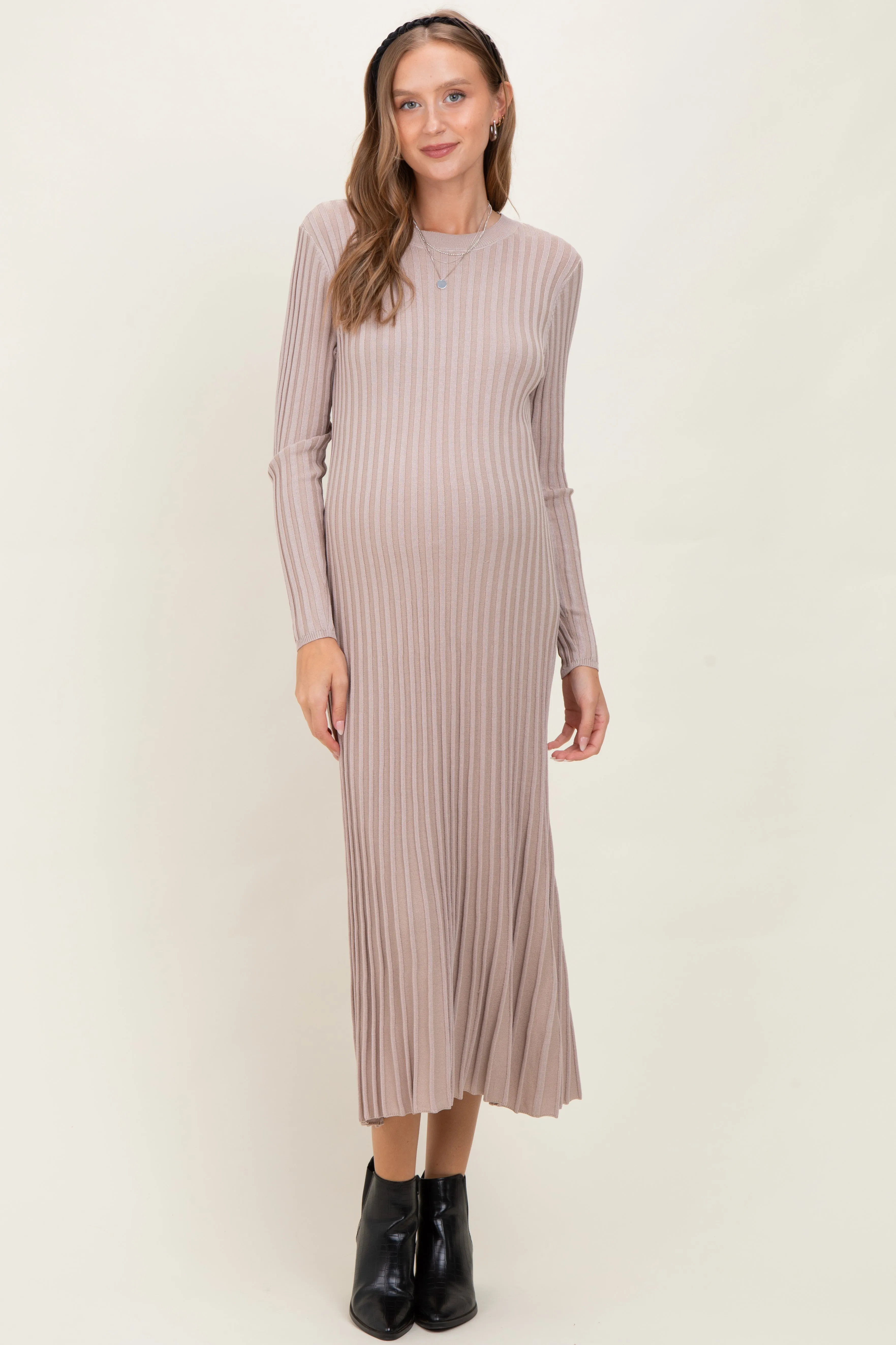 Beige Ribbed Long Sleeve Maternity Sweater Midi Dress sold by Pinkblush product image thumbnail 2
