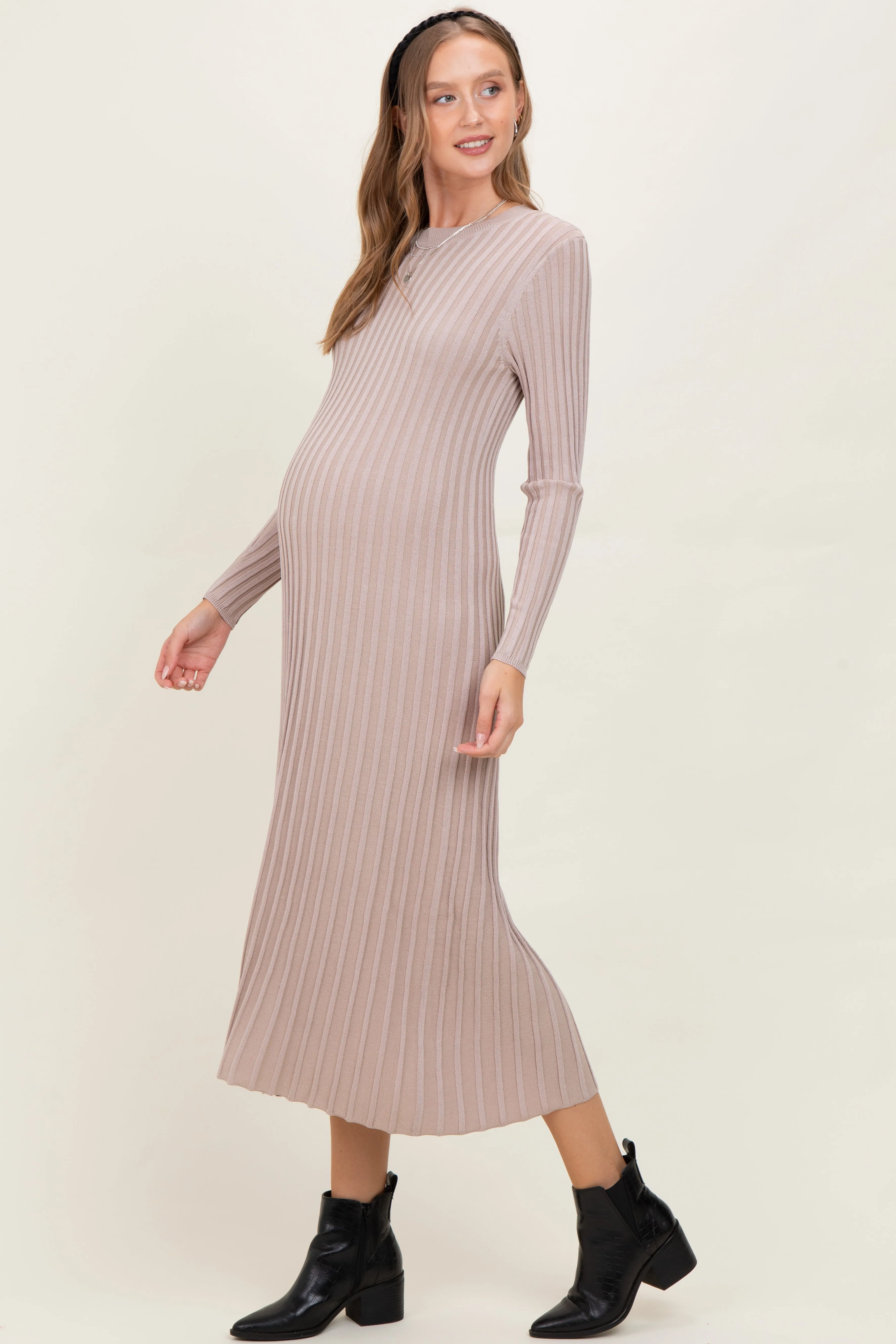 Beige Ribbed Long Sleeve Maternity Sweater Midi Dress sold by Pinkblush product image thumbnail 3