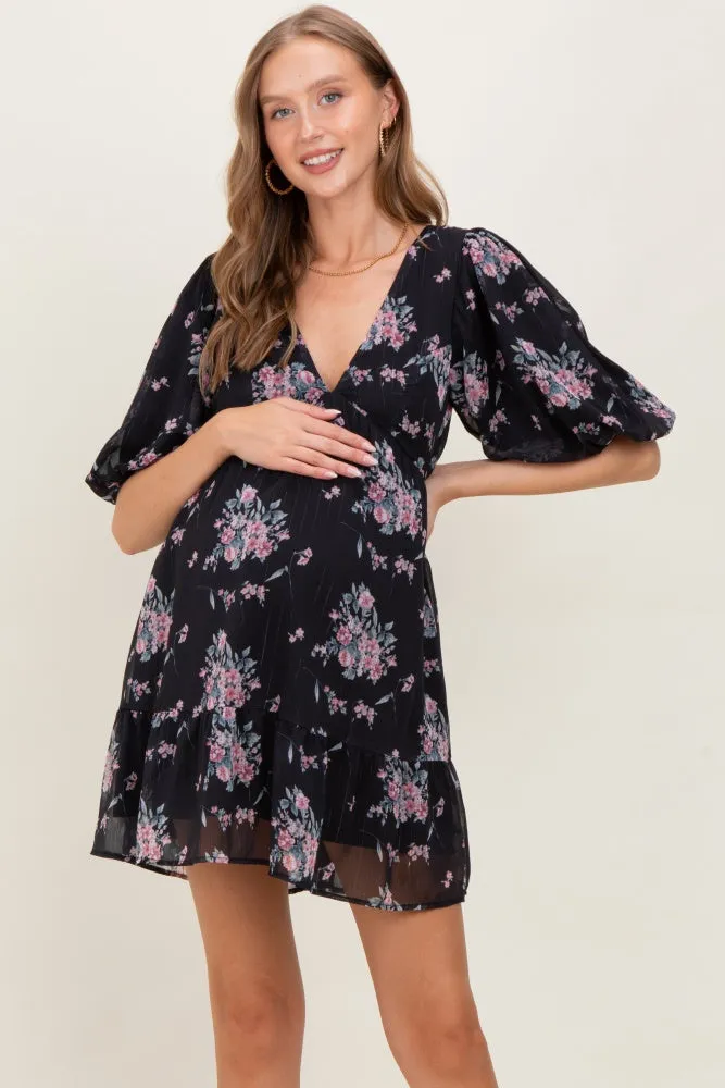 Black Floral Striped V-Neck Cutout Maternity Mini Dress sold by Pinkblush