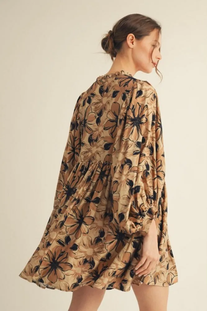 Camel Floral Front Tie Bubble Sleeve Mini Dress sold by Pinkblush product image thumbnail 4