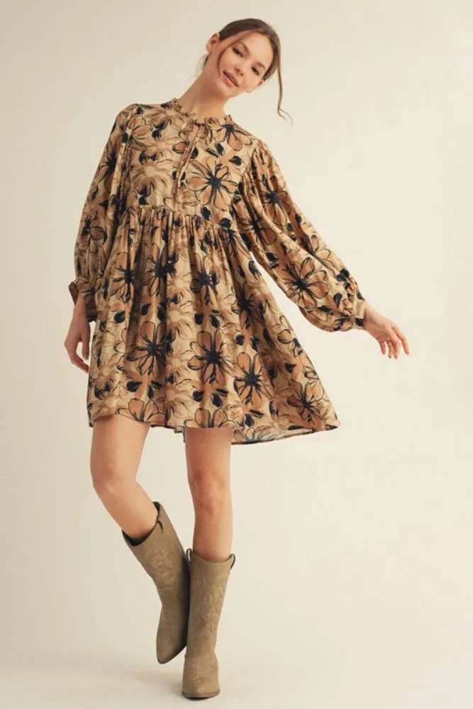 Camel Floral Front Tie Bubble Sleeve Mini Dress sold by Pinkblush product image thumbnail 5