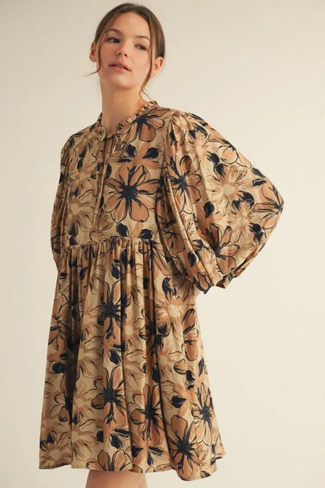 Camel Floral Front Tie Bubble Sleeve Mini Dress sold by Pinkblush product image thumbnail 3