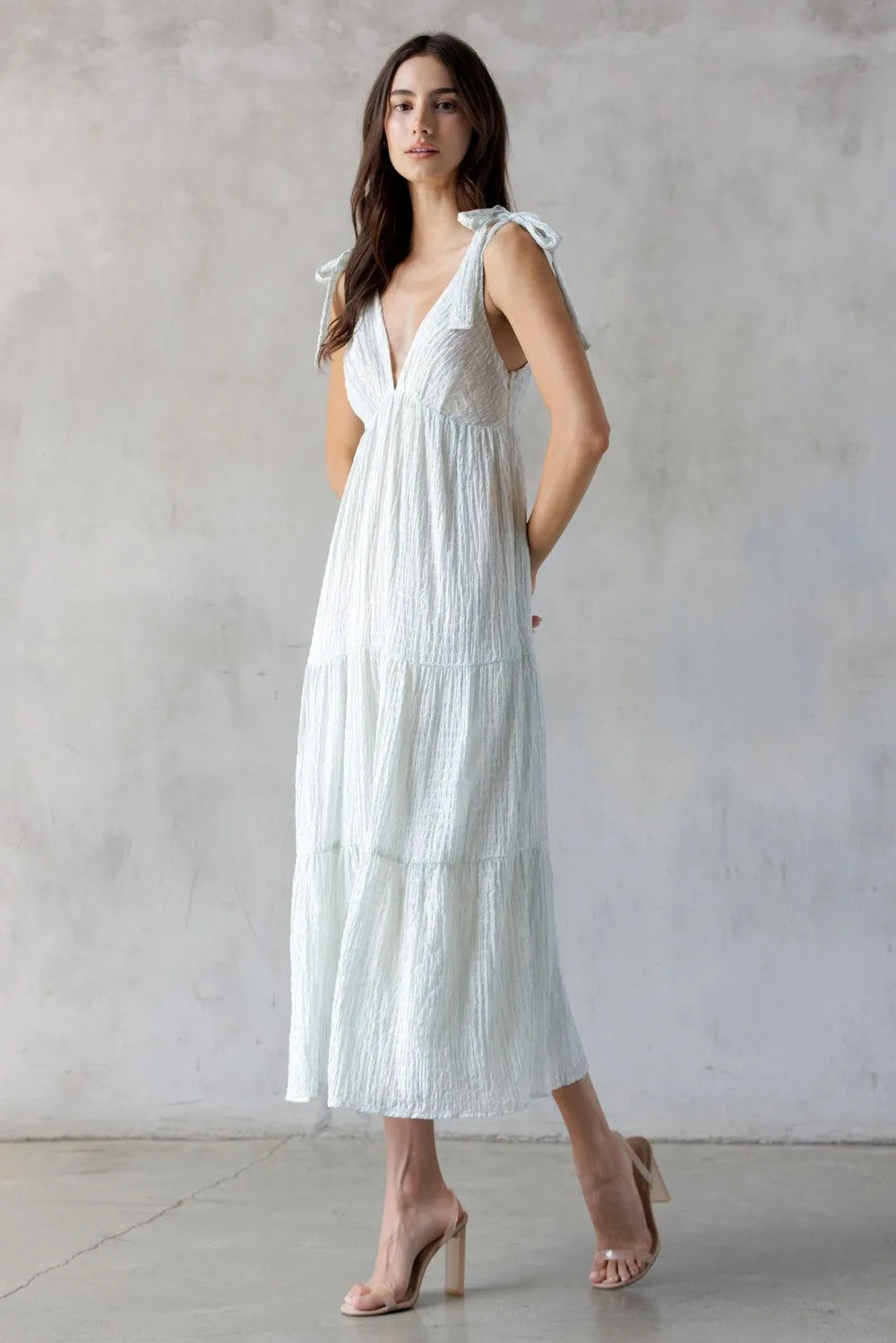 Light Blue V-Neck Shoulder Tie Midi Dress sold by Pinkblush product image thumbnail 3