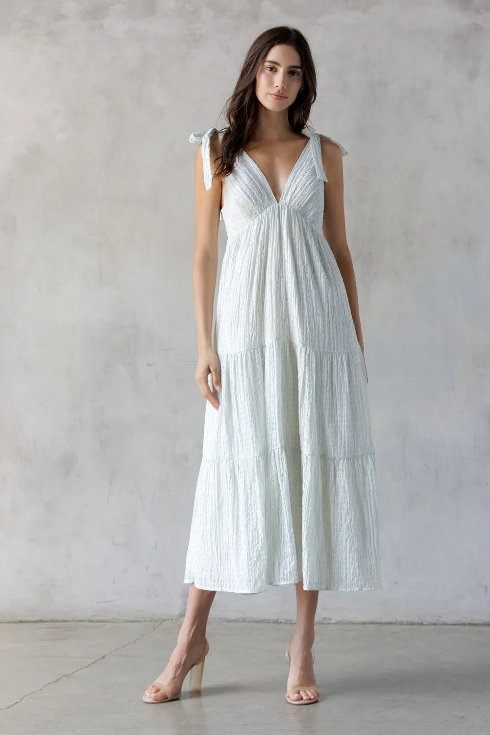 Light Blue V-Neck Shoulder Tie Midi Dress sold by Pinkblush