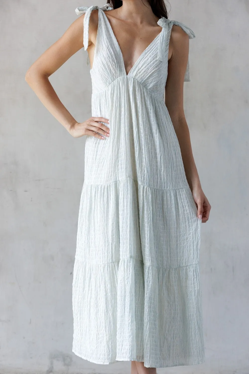 Light Blue V-Neck Shoulder Tie Midi Dress sold by Pinkblush product image thumbnail 5