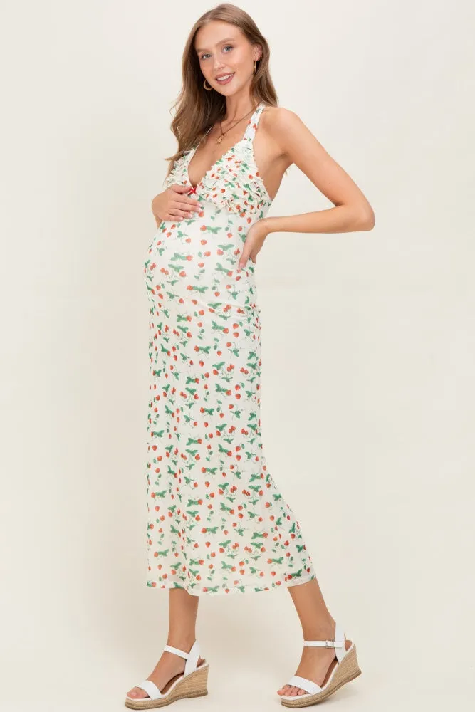 Ivory Strawberry Print Ruffle Detail Halter Maternity Maxi Dress sold by Pinkblush product image thumbnail 3