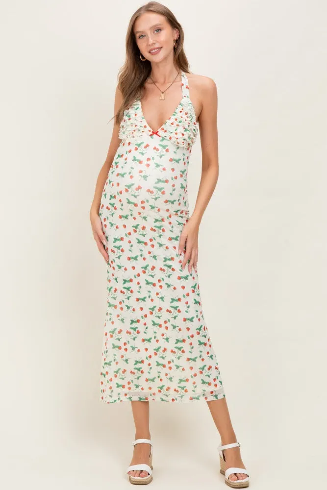 Ivory Strawberry Print Ruffle Detail Halter Maternity Maxi Dress sold by Pinkblush