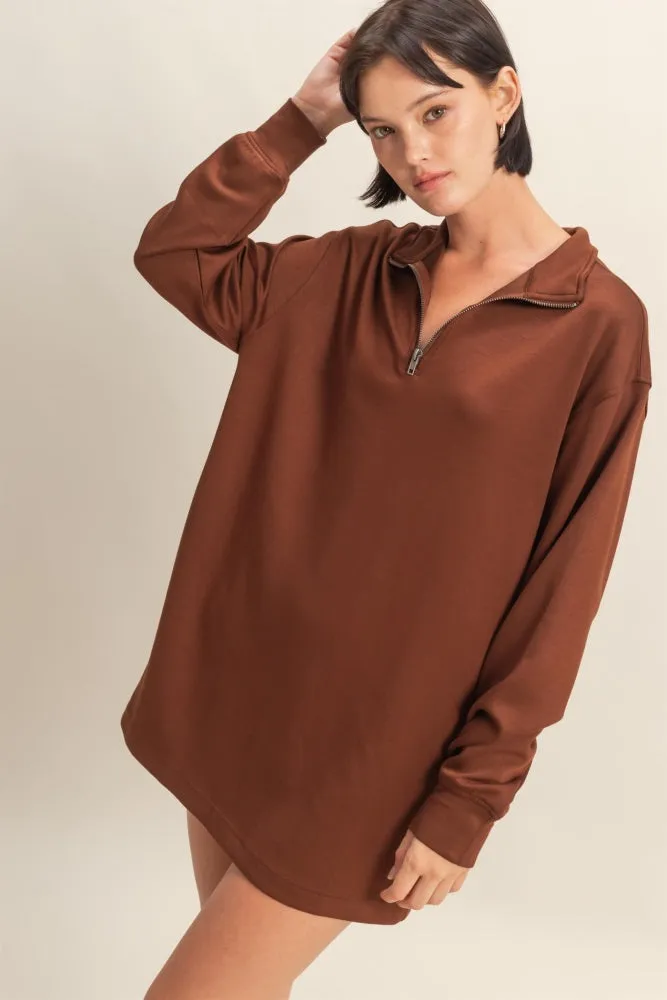 Brown Half Zip Long Sleeve Mini Dress sold by Pinkblush