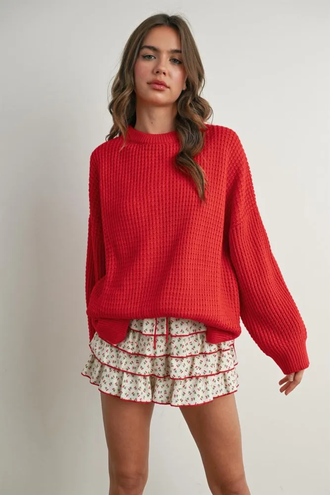 Red Waffle Knit Side Slit Sweater sold by Pinkblush product image thumbnail 2