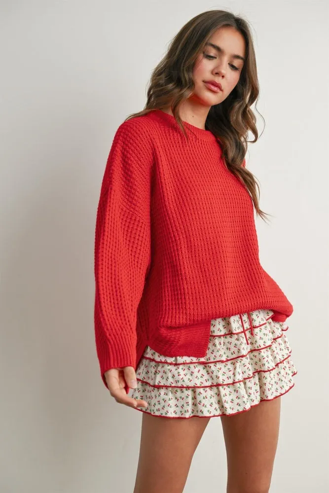 Red Waffle Knit Side Slit Sweater sold by Pinkblush product image thumbnail 3