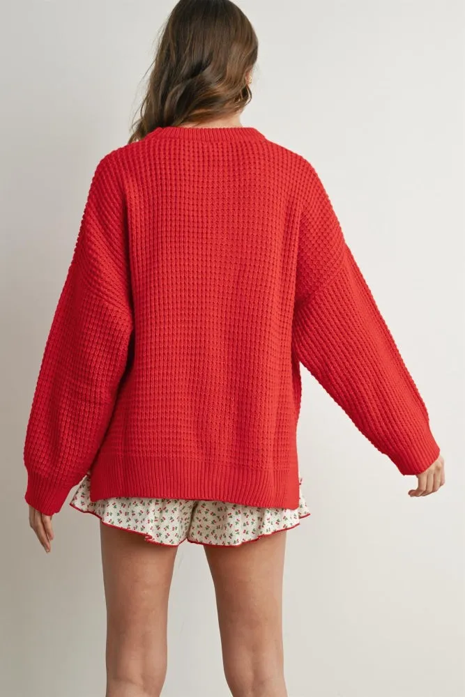 Red Waffle Knit Side Slit Sweater sold by Pinkblush product image thumbnail 4