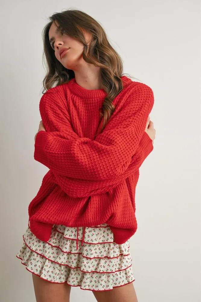 Red Waffle Knit Side Slit Sweater sold by Pinkblush