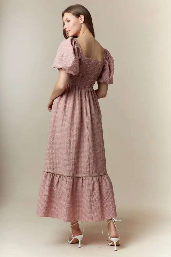 Mauve Plaid Smocked Puff Sleeve Maxi Dress sold by Pinkblush product image thumbnail 4