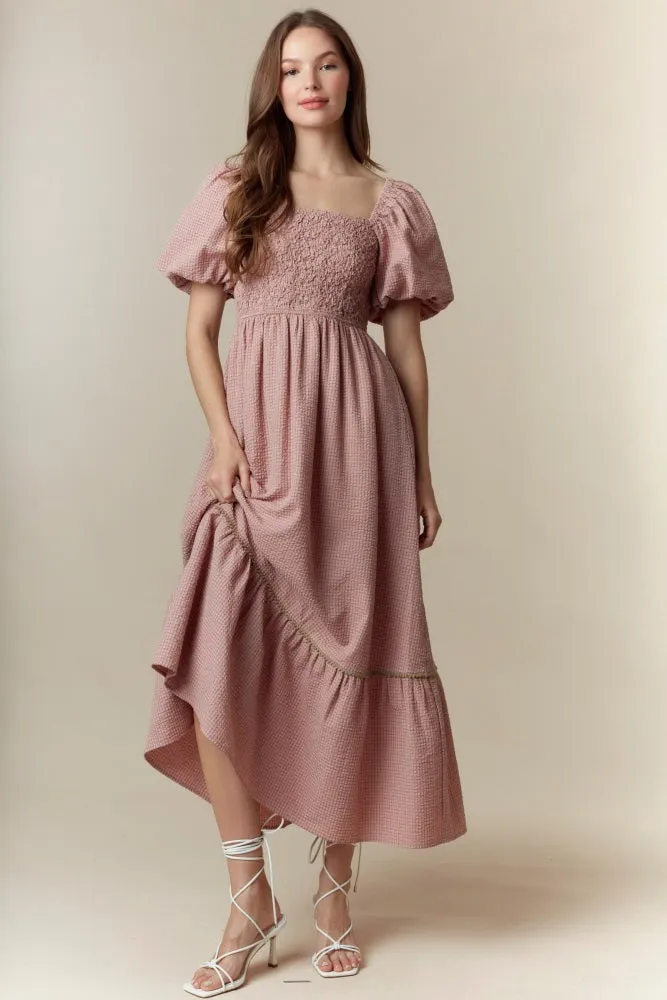 Mauve Plaid Smocked Puff Sleeve Maxi Dress sold by Pinkblush
