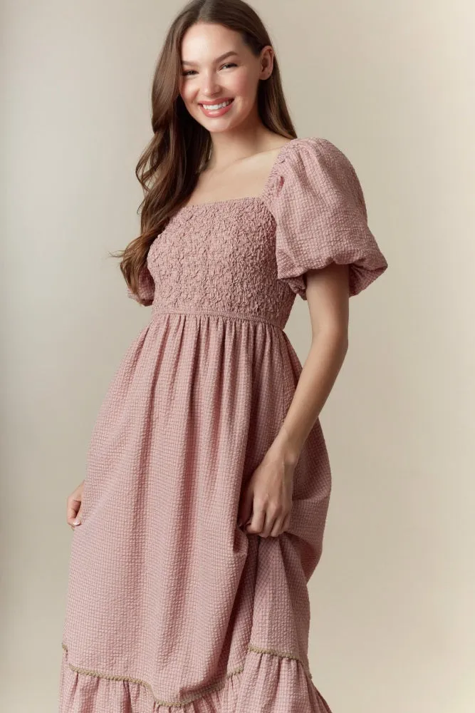 Mauve Plaid Smocked Puff Sleeve Maxi Dress sold by Pinkblush product image thumbnail 5