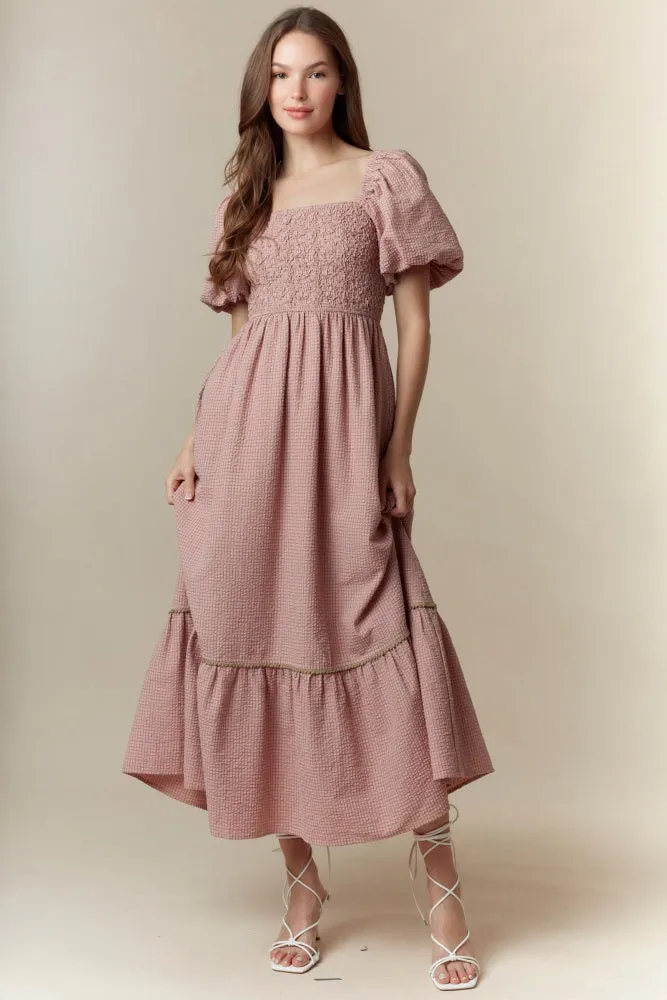 Mauve Plaid Smocked Puff Sleeve Maxi Dress sold by Pinkblush product image thumbnail 2