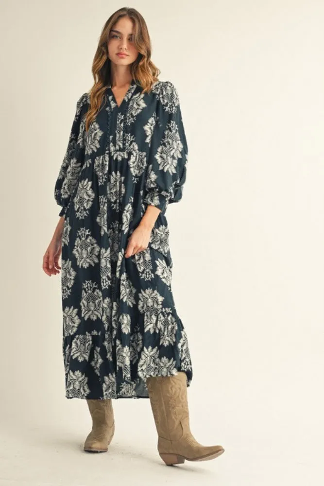 Forest Green Floral V-Neck 3/4 Sleeve Midi Dress sold by Pinkblush