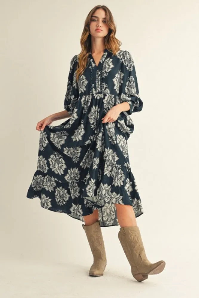 Forest Green Floral V-Neck 3/4 Sleeve Midi Dress sold by Pinkblush product image thumbnail 2