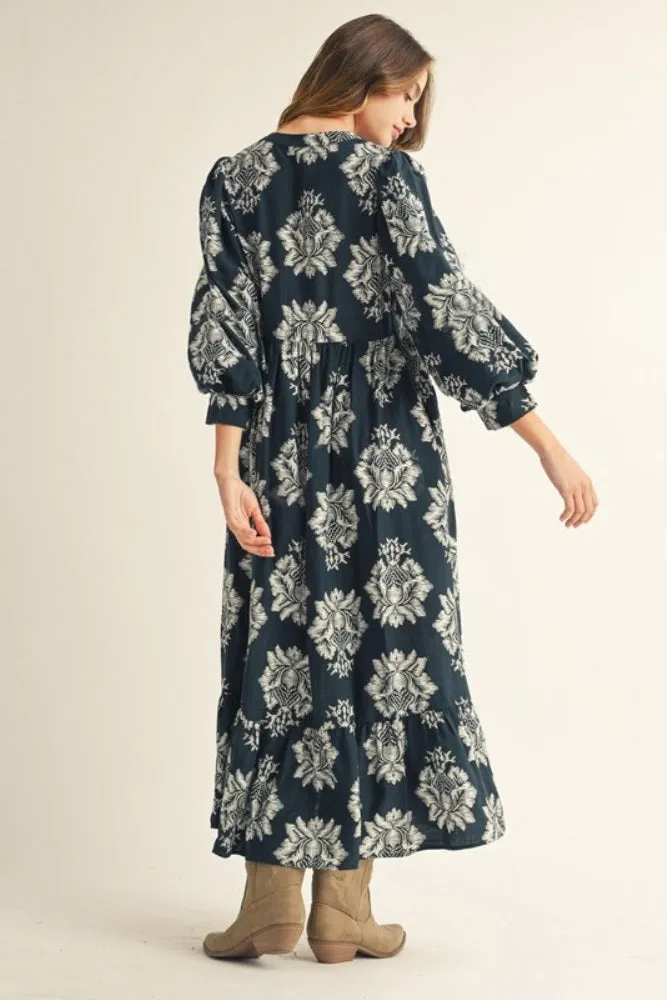 Forest Green Floral V-Neck 3/4 Sleeve Midi Dress sold by Pinkblush product image thumbnail 3