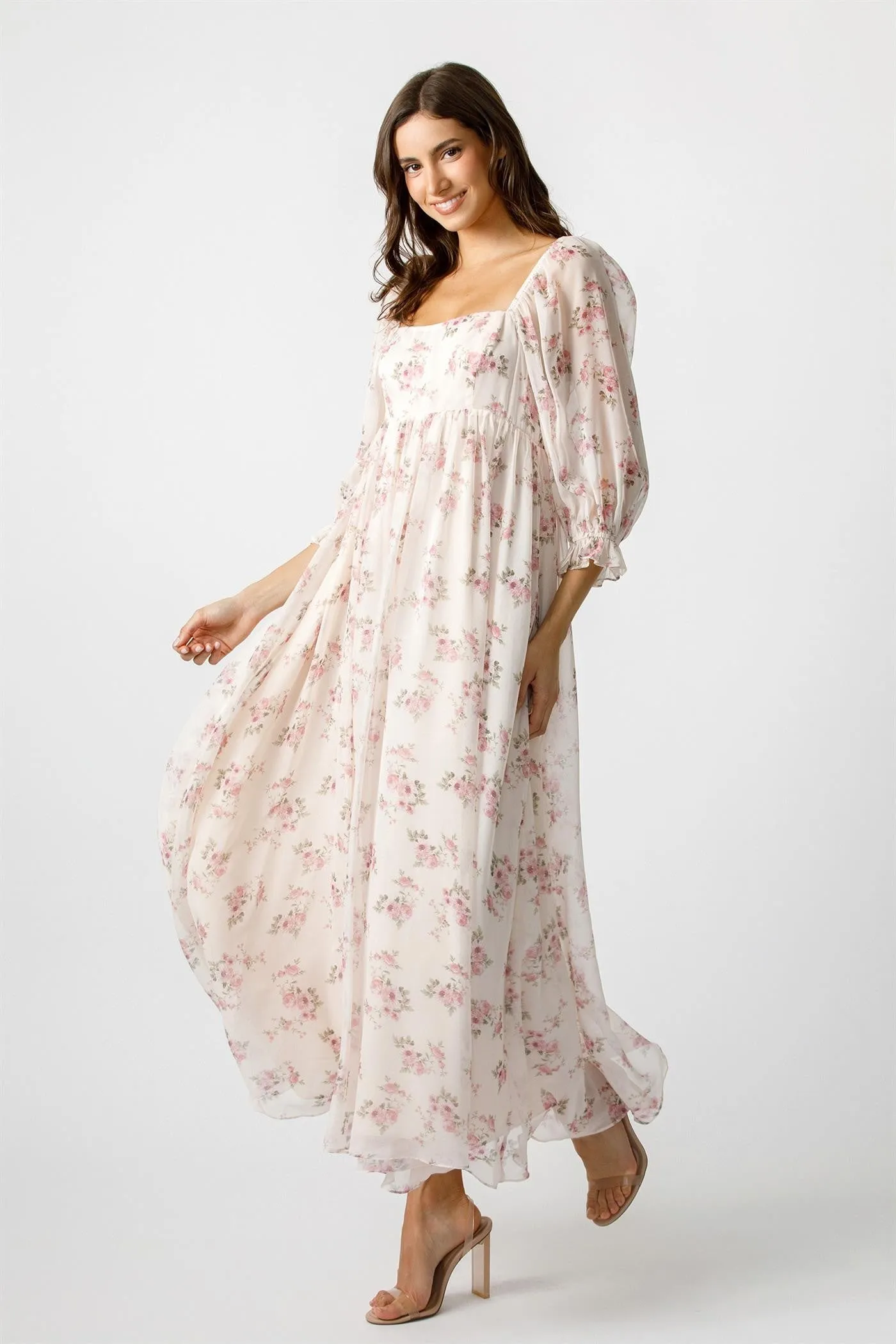 Light Pink Floral Chiffon Long Sleeve Maxi Dress sold by Pinkblush product image thumbnail 2
