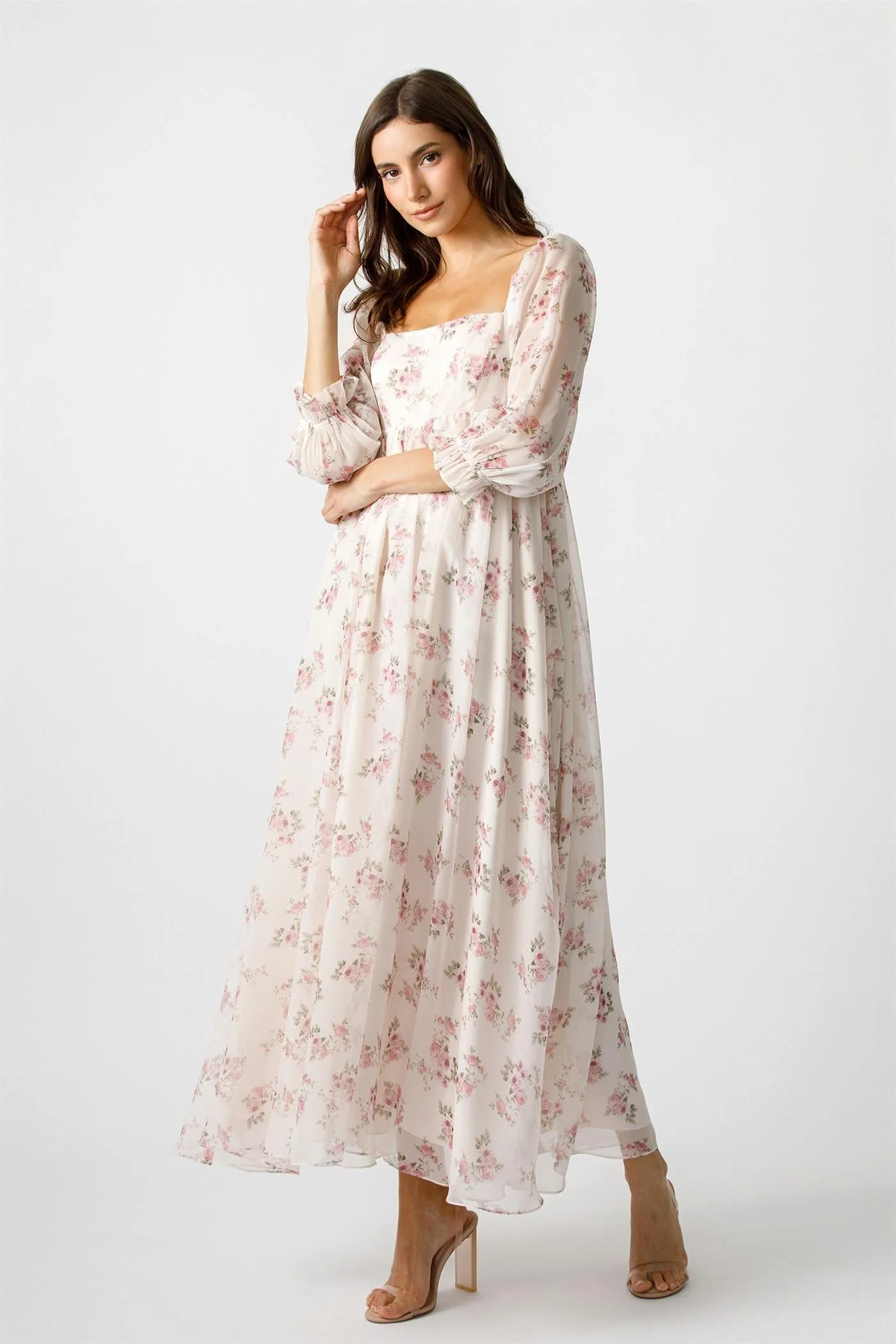 Light Pink Floral Chiffon Long Sleeve Maxi Dress sold by Pinkblush