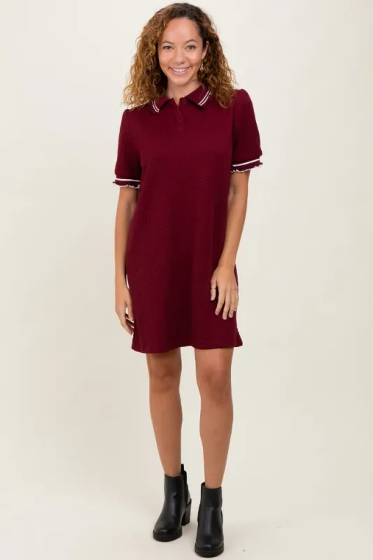 Burgundy Jacquard Ruffle Accent Polo Dress sold by Pinkblush