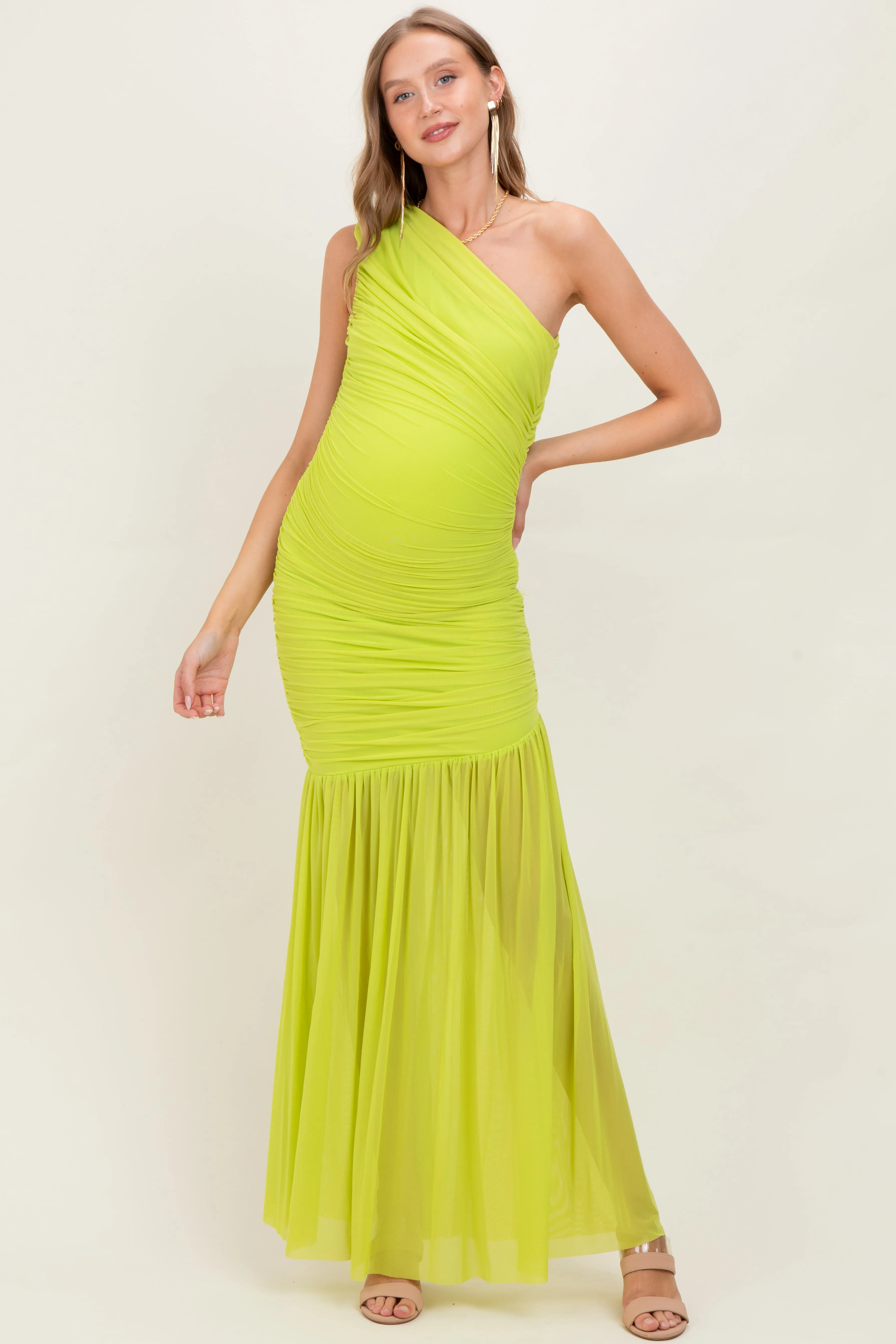 Lime Ruched Mesh One Shoulder Maternity Maxi Dress sold by Pinkblush product image thumbnail 2