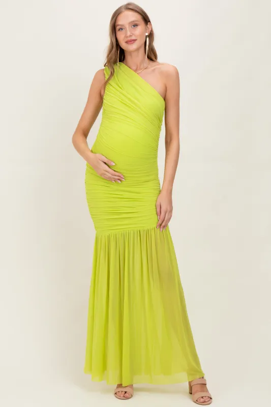 Lime Ruched Mesh One Shoulder Maternity Maxi Dress sold by Pinkblush