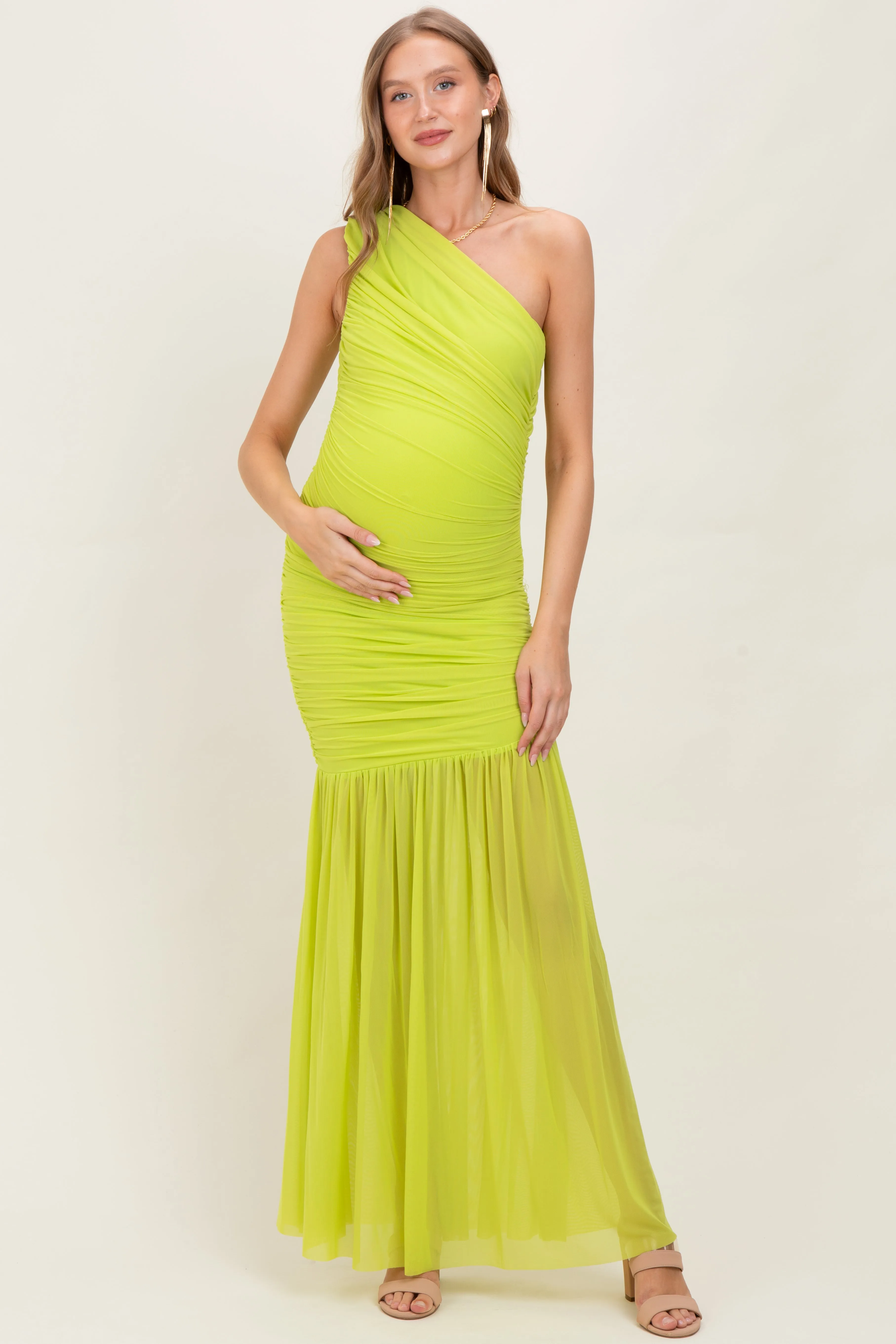Lime Ruched Mesh One Shoulder Maternity Maxi Dress sold by Pinkblush
