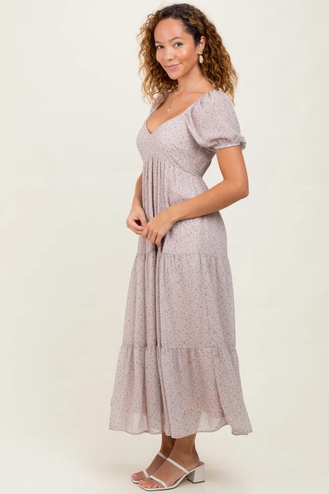 Light Taupe Floral Chiffon Tiered Maxi Dress sold by Pinkblush product image thumbnail 3