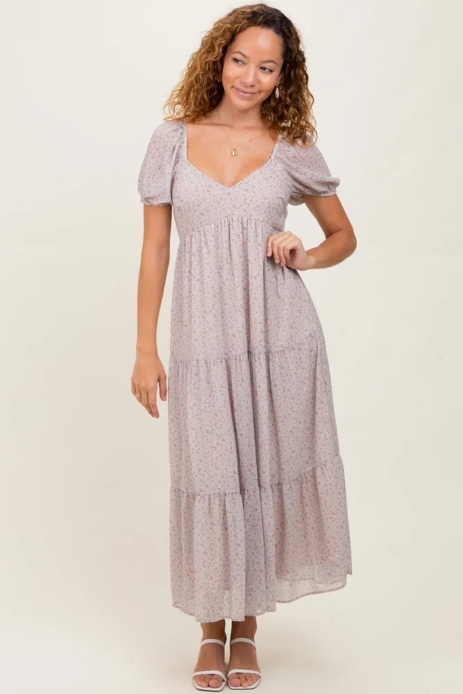 Light Taupe Floral Chiffon Tiered Maxi Dress sold by Pinkblush