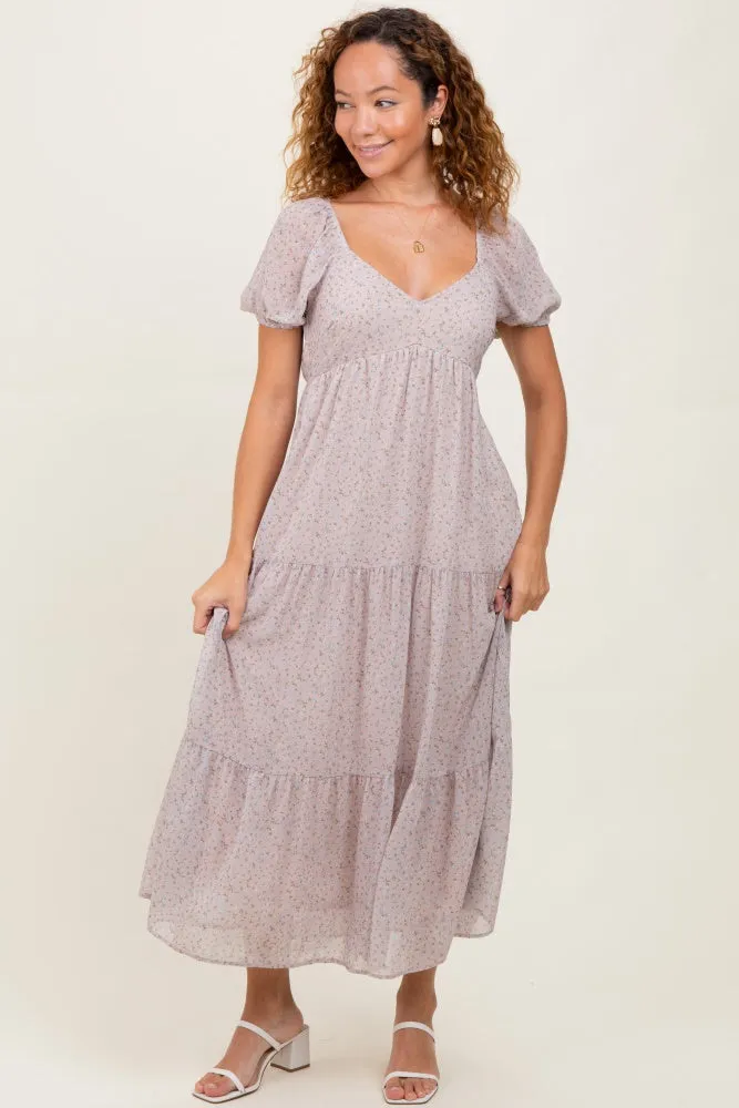 Light Taupe Floral Chiffon Tiered Maxi Dress sold by Pinkblush product image thumbnail 2
